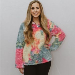 Rainbow tie dye fleece pullover